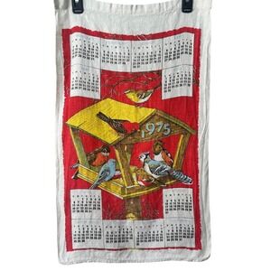 Vintage Linen Cloth 1975 Calendar Year Tea Towel Birthday Birds Birdhouse